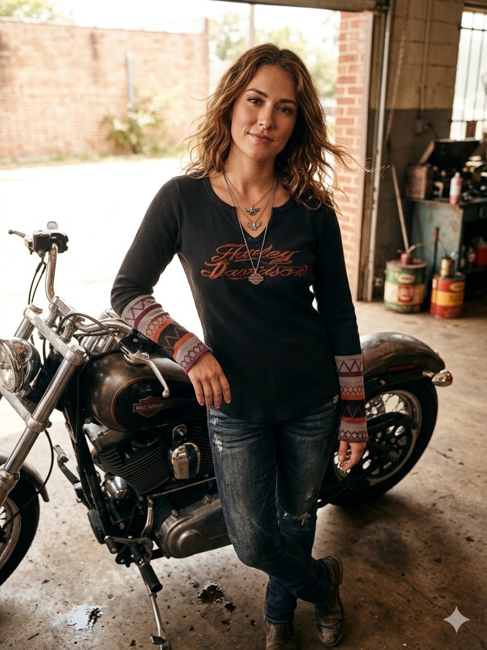 Harley-Davidson Black Long-Sleeve Henley with Patterned Cuffs